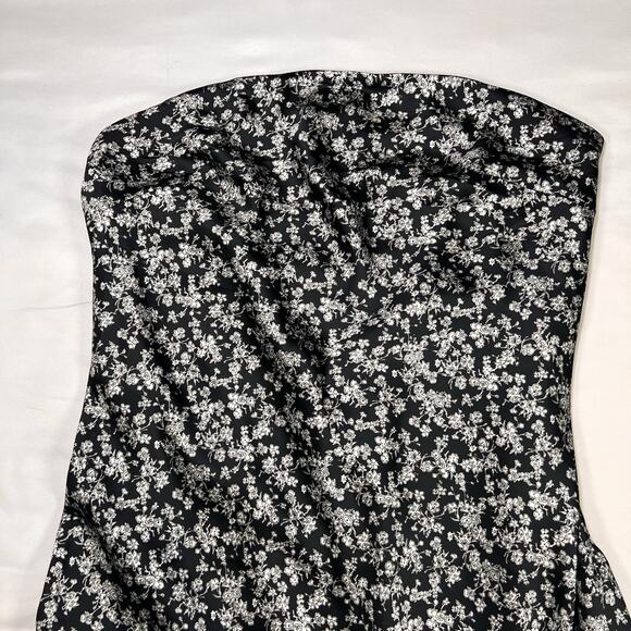 EXPRESS Dress Size L Black Sliver Floral Satin Strapless Midi Slip Lined Worn 1X - Picture 3 of 14